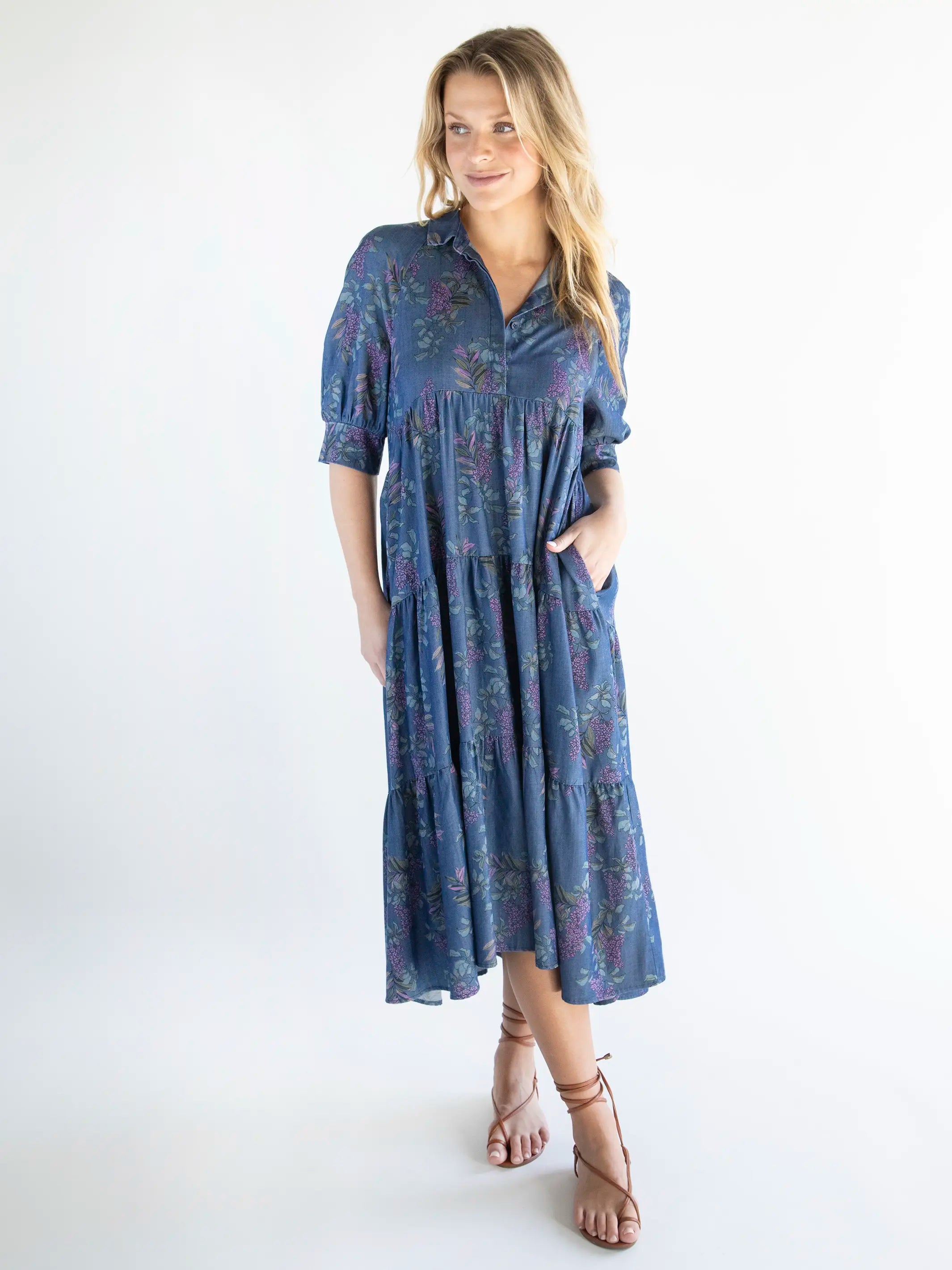  -Explosion-proof leash FOR LARGE dogs Rebecca Midi Dress - Denim Wisteria Floral