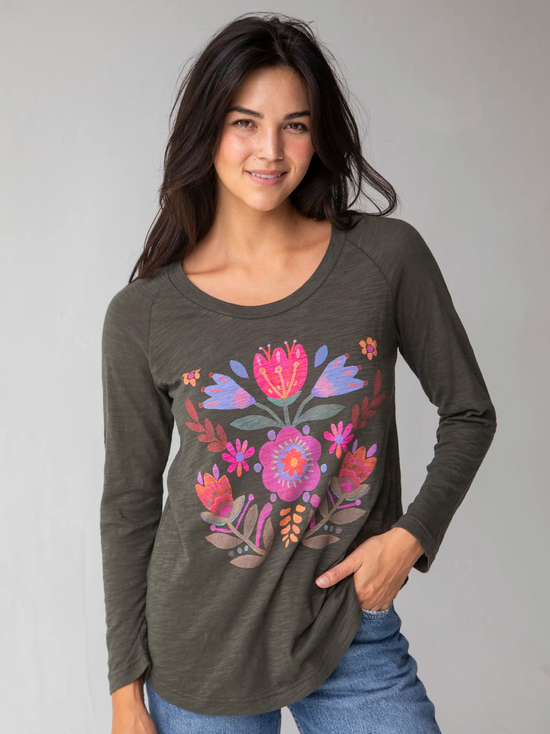 - Pet diabetes prescription food Long Sleeve Boho Cotton Tee Shirt - Folk Flower Charcoal
