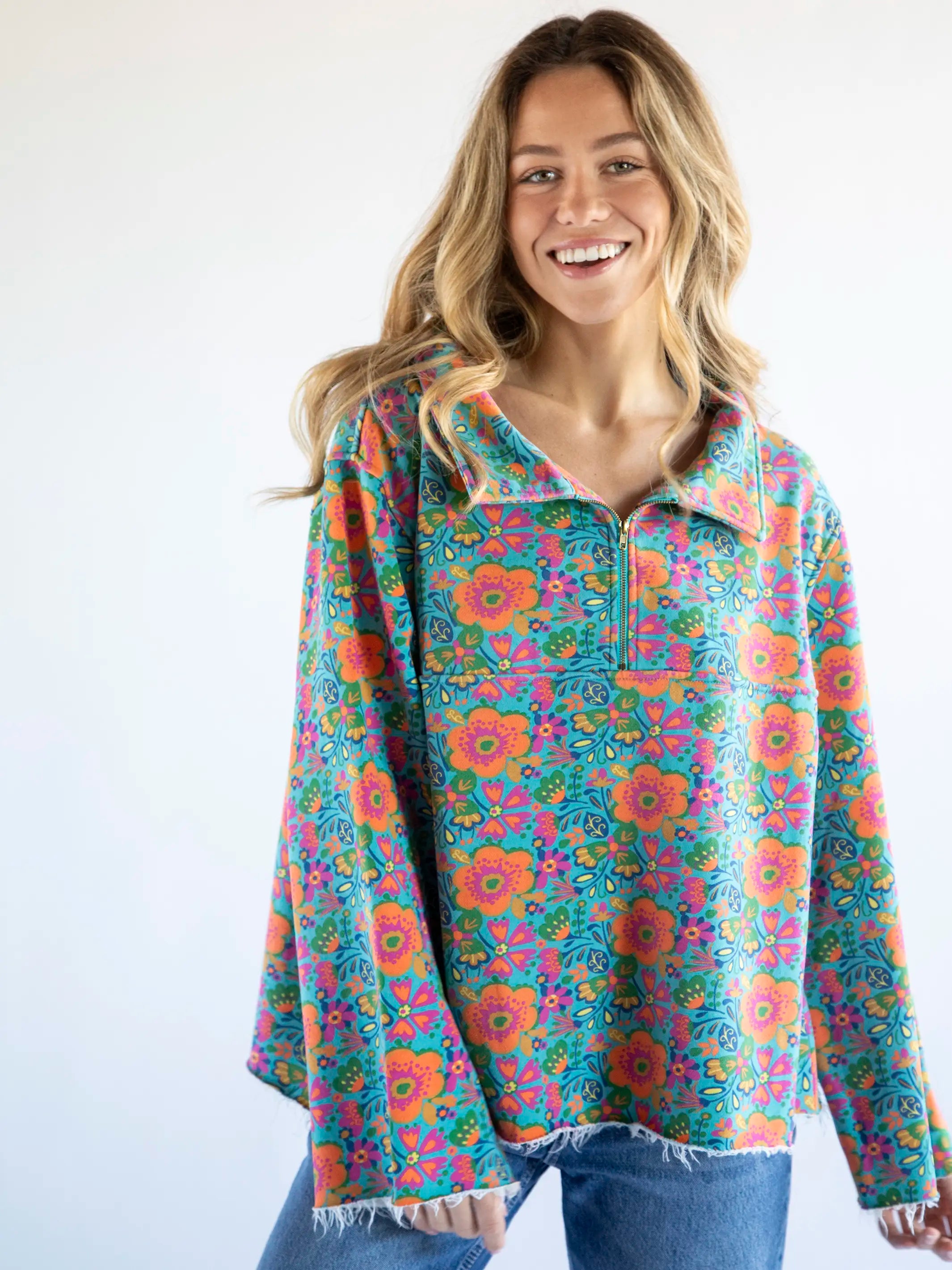 - Rabbit grass rack to prevent waste food box Easy Does It Sweatshirt - Doodle Floral Turquoise