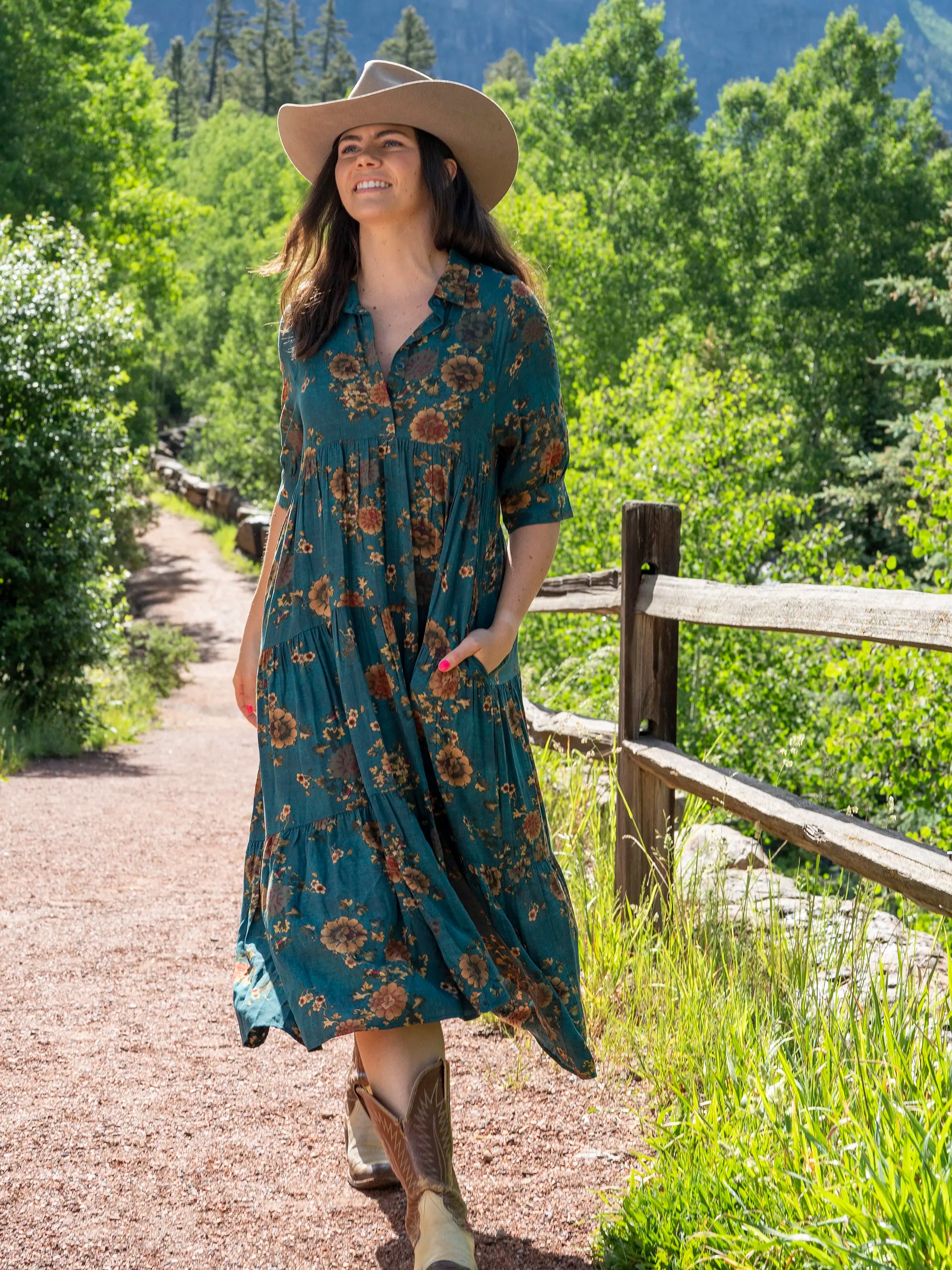  Rebecca Midi Dress - Teal Orange Clusters