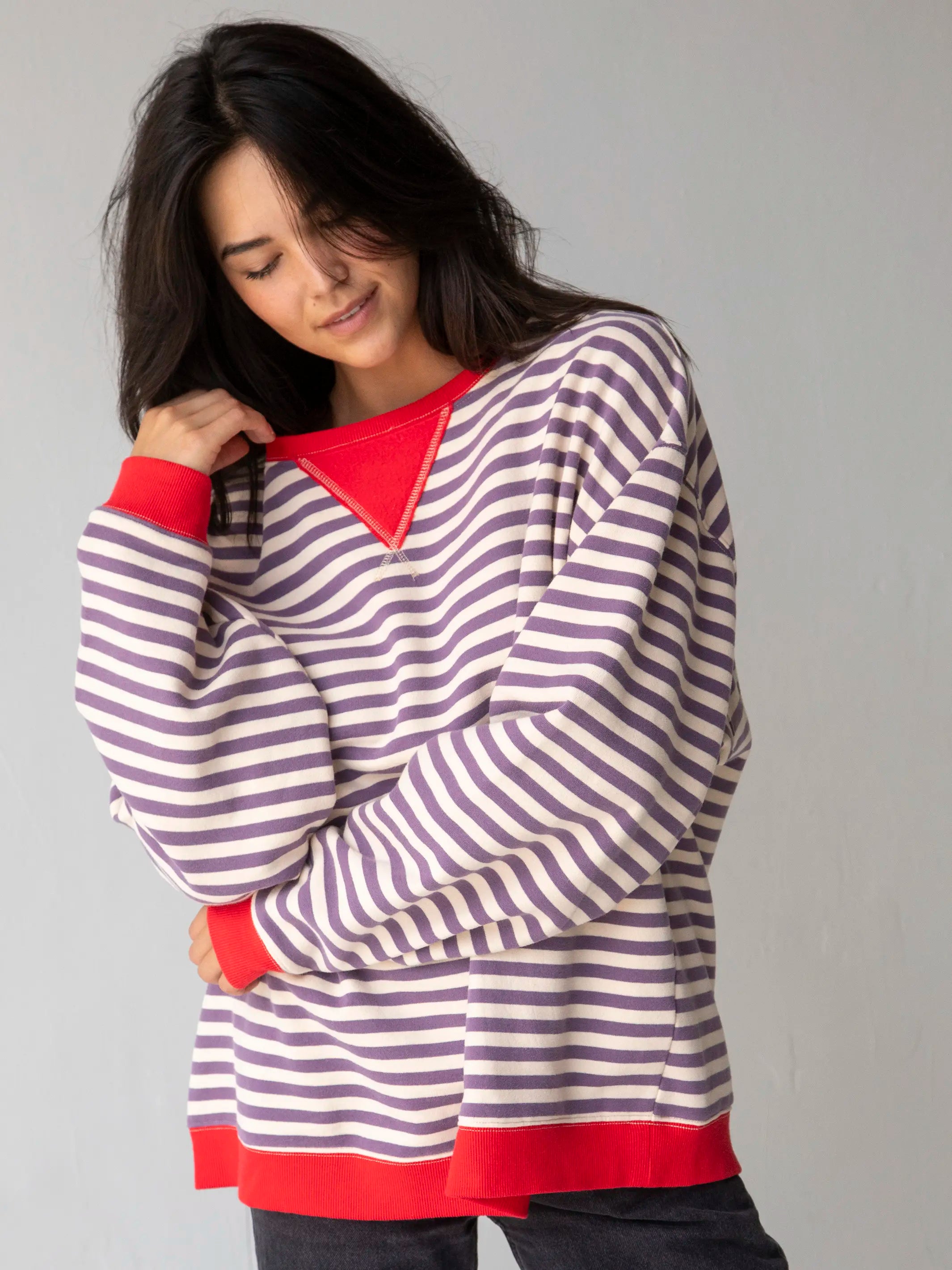 Oversized Striped Crewneck - Cream Purple Stripes
