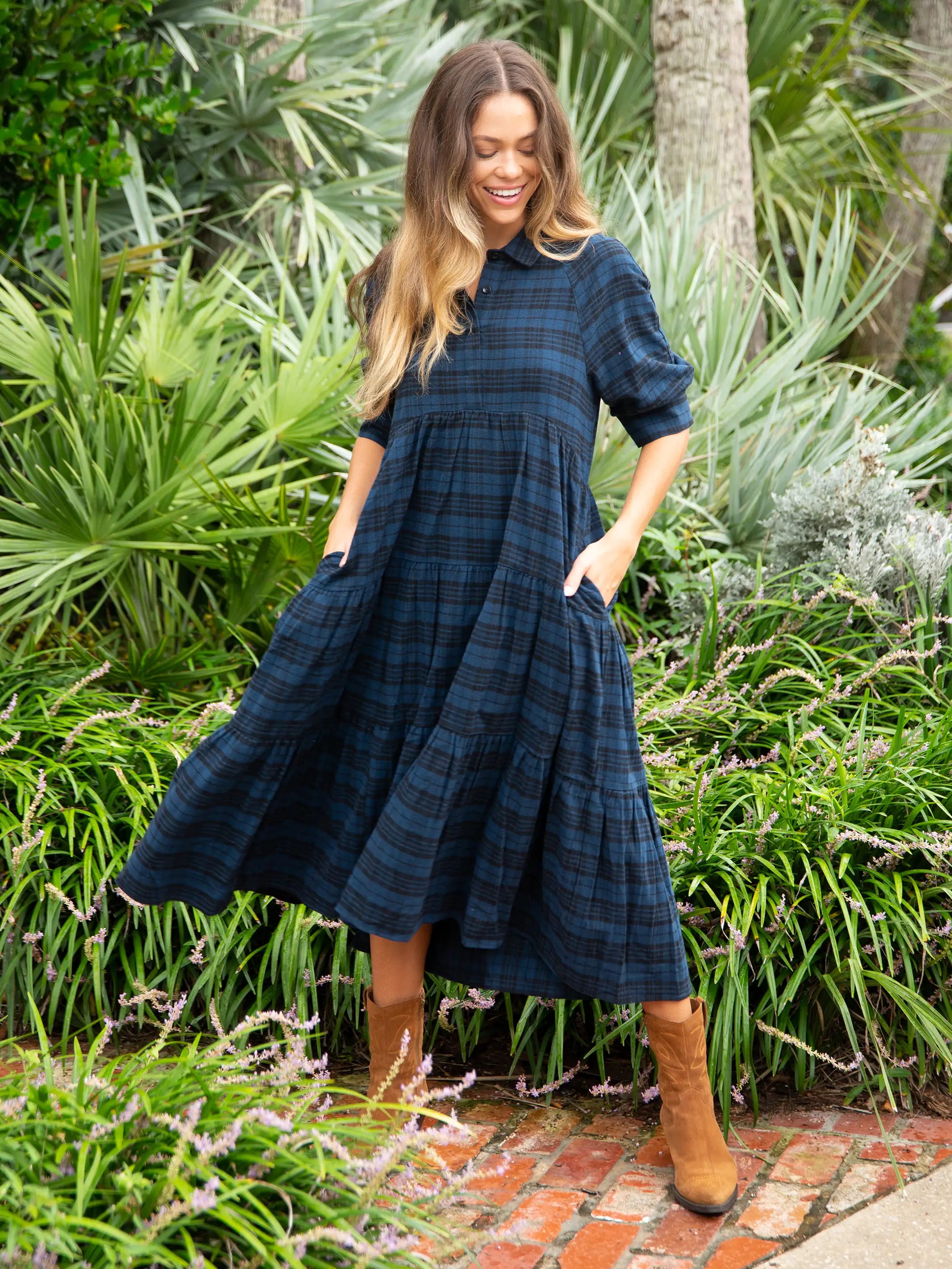 - Air box TSA certified check-in Rebecca Flannel Midi Dress - Blue Black Plaid