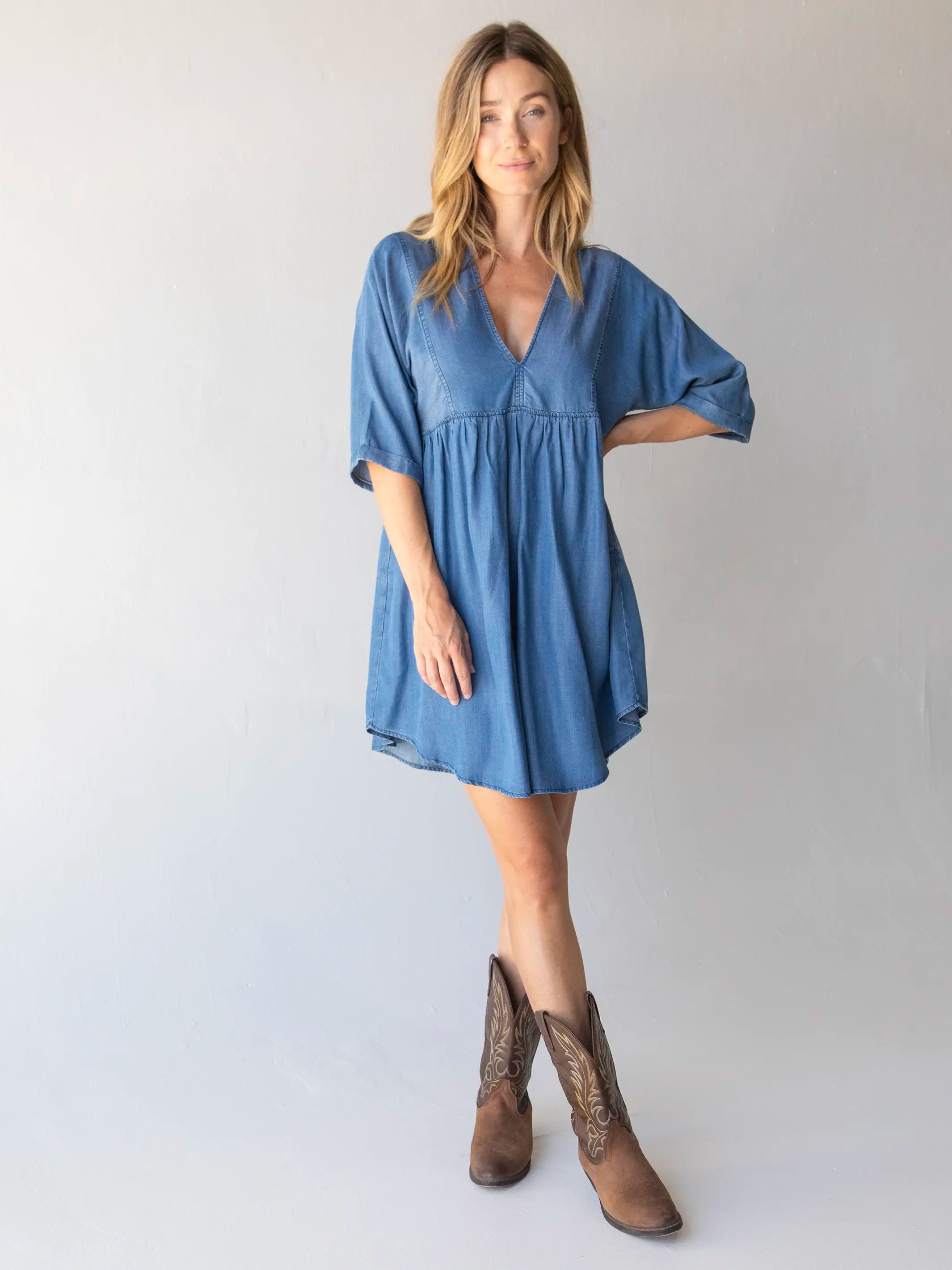 - Pregnant cat delivery room warming box Stella V-Neck Mini Dress - Denim Blue