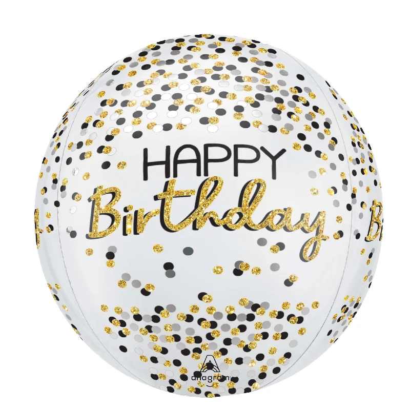  "Happy Birthday" Orbz Balloon, Silver, Black and Gold, 15 Inches, 1 Count