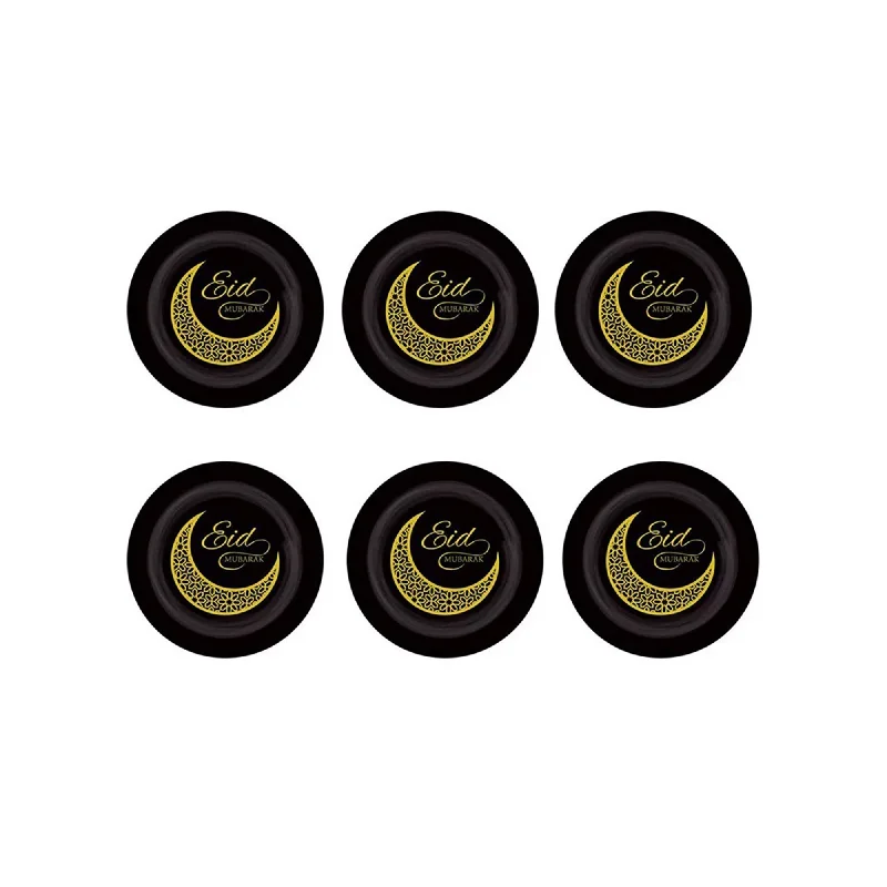  Eid Celebration Black Round Plates, 7 Inches, 6 Count