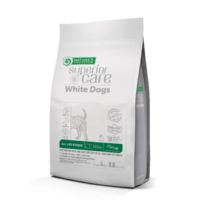 Nature's Protection Superior Care dry pet food with insect for dogs of all sizes and life stages with white coat